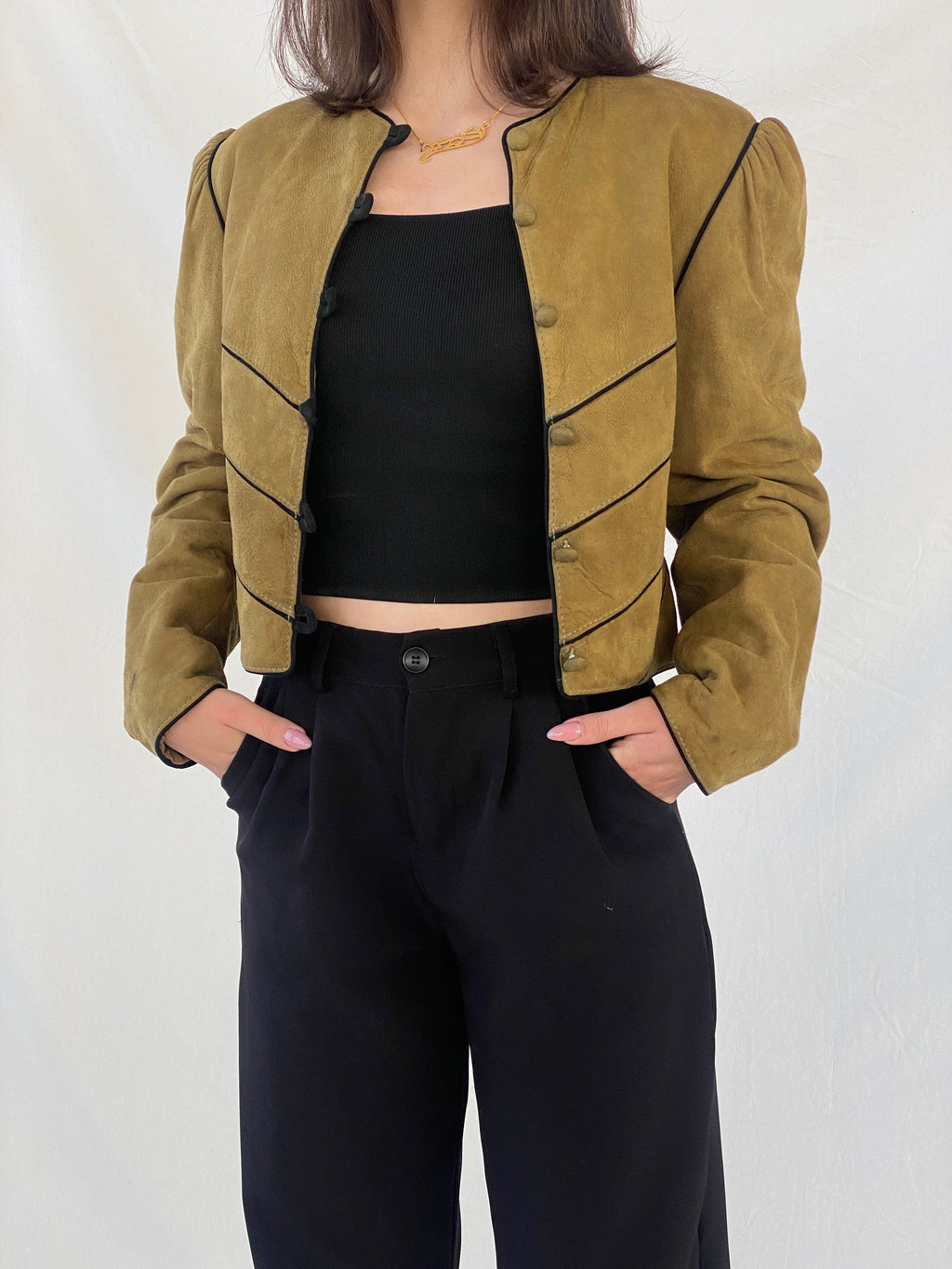 Vintage Olive Green Suede Trachten Buttoned Blazer Jacket - M