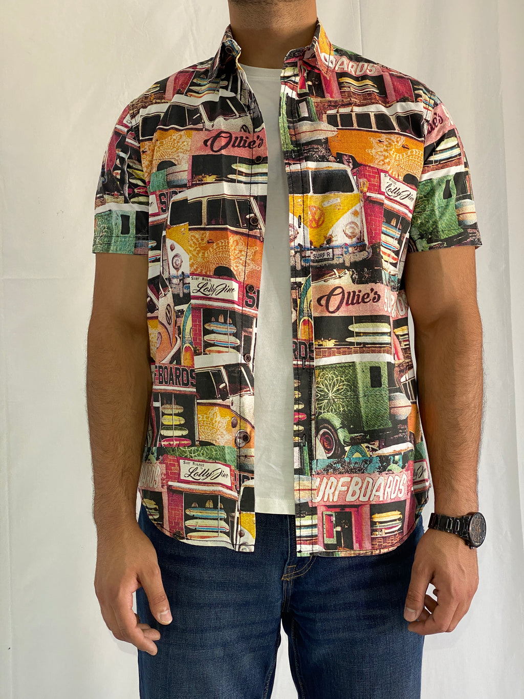 Vintage Red Camel Surfboards Print Short Sleeve Button Up Shirt - L