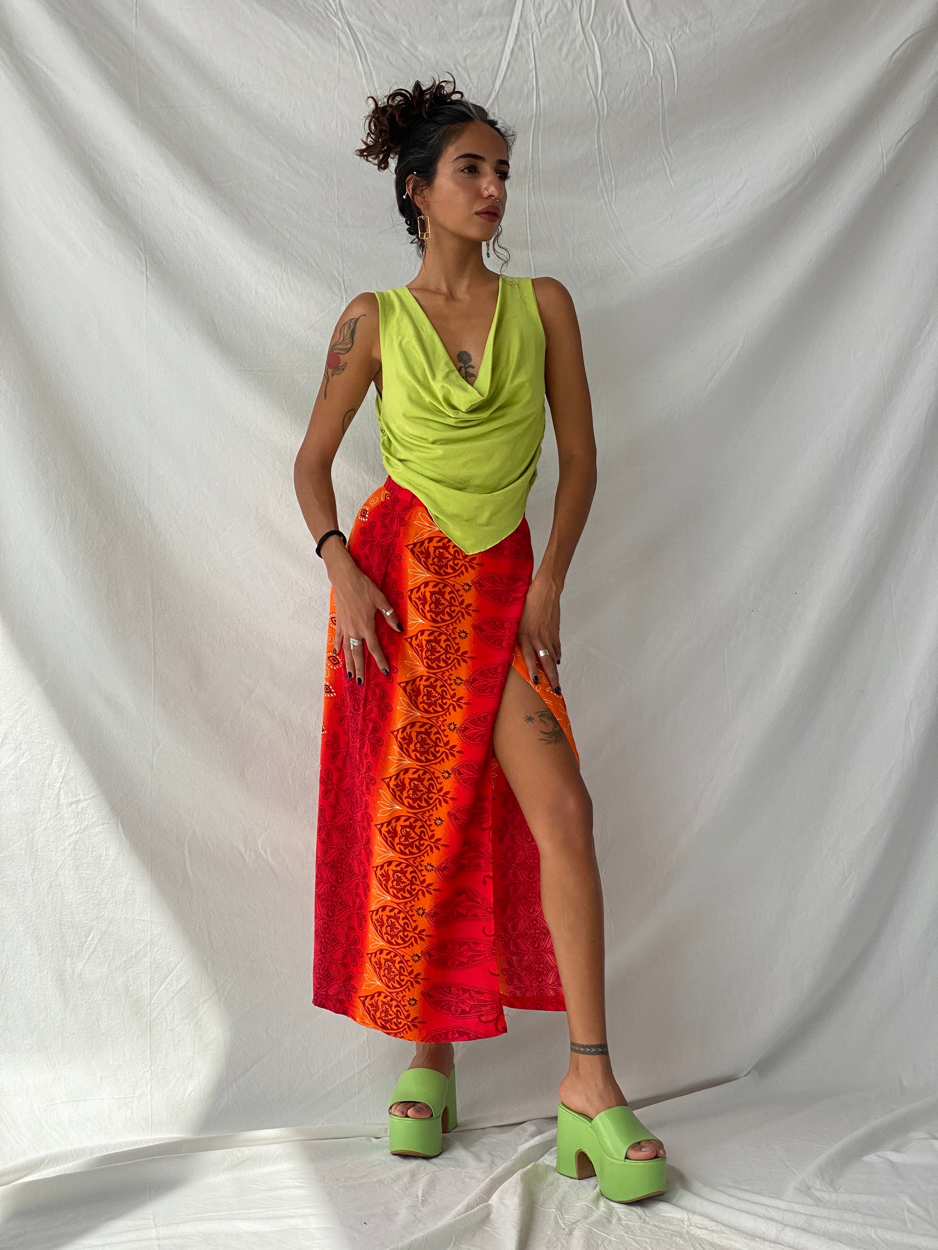 Y2K Wrap Maxi Red & Orange Floral Print Skirt - S