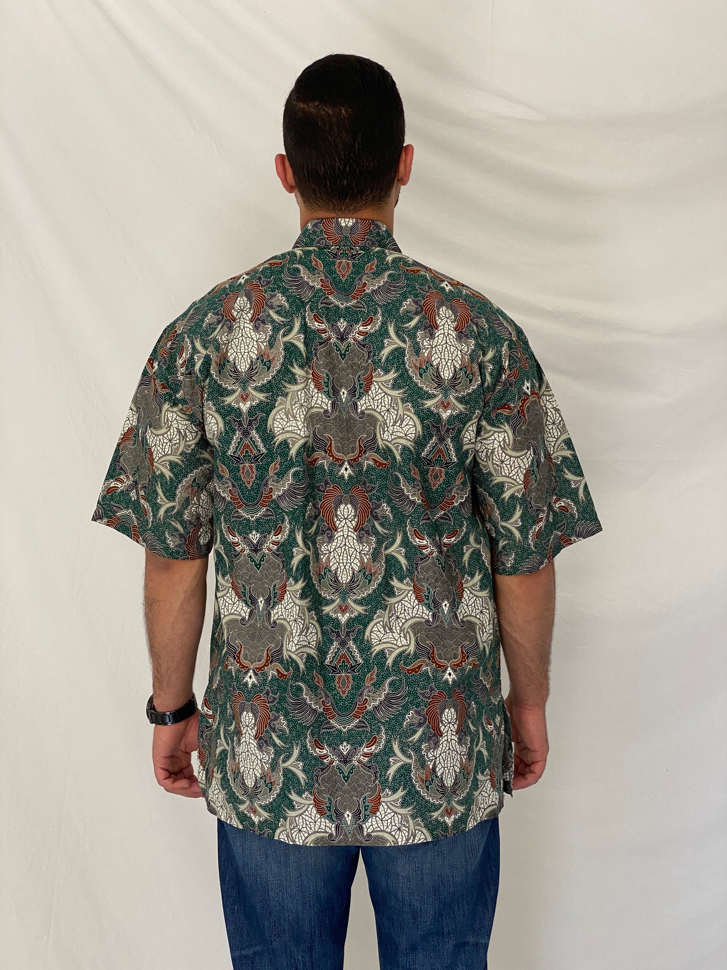 Vintage 90s Malaysia Collection Green Batik Paisley Cotton Short Sleeve Shirt - L