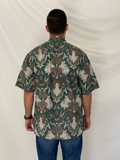Vintage 90s Malaysia Collection Green Batik Paisley Cotton Short Sleeve Shirt - L