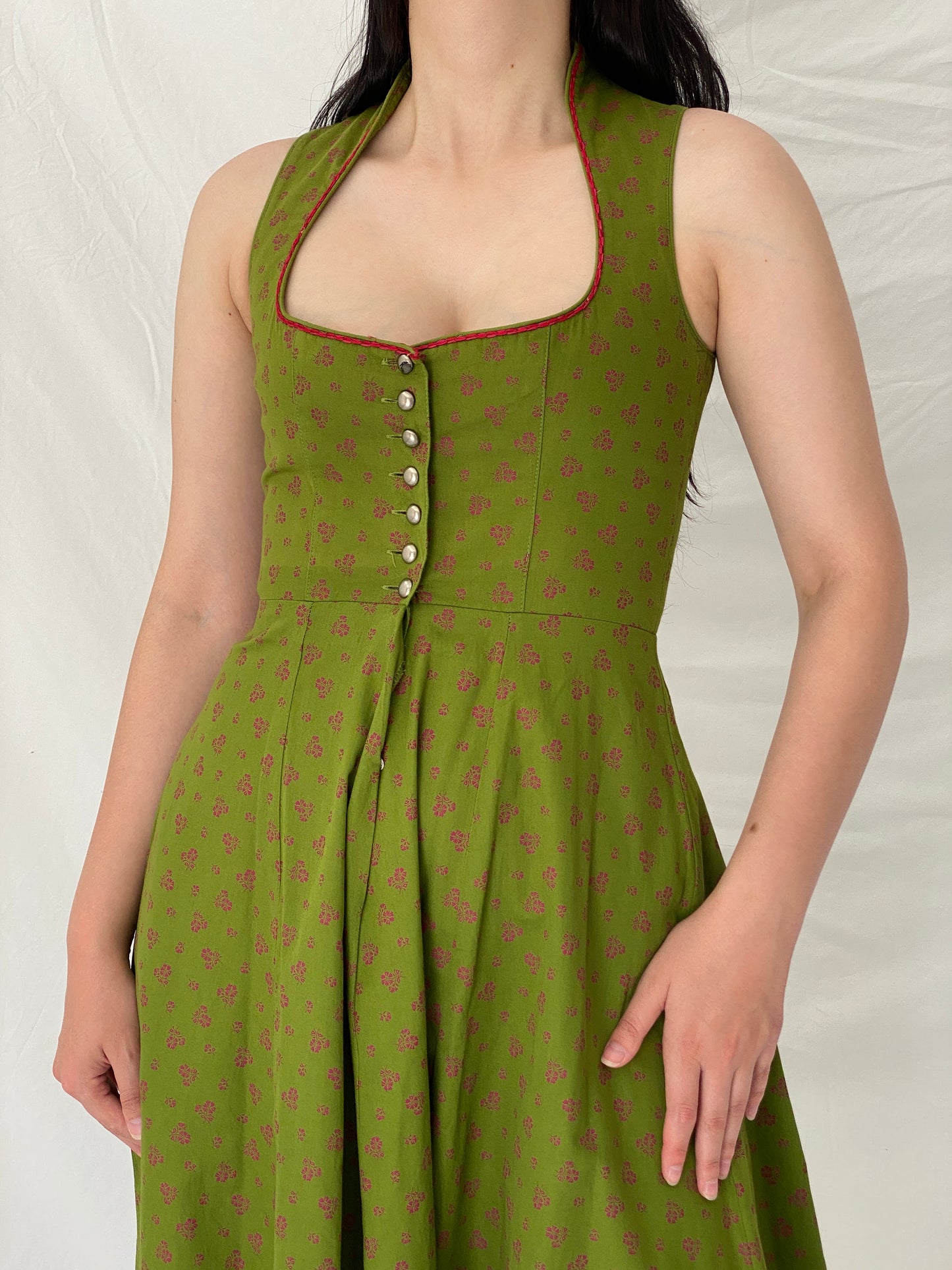 Vintage German Daller Tracht Green Cotton Floral Dirndl Folk Dress – S