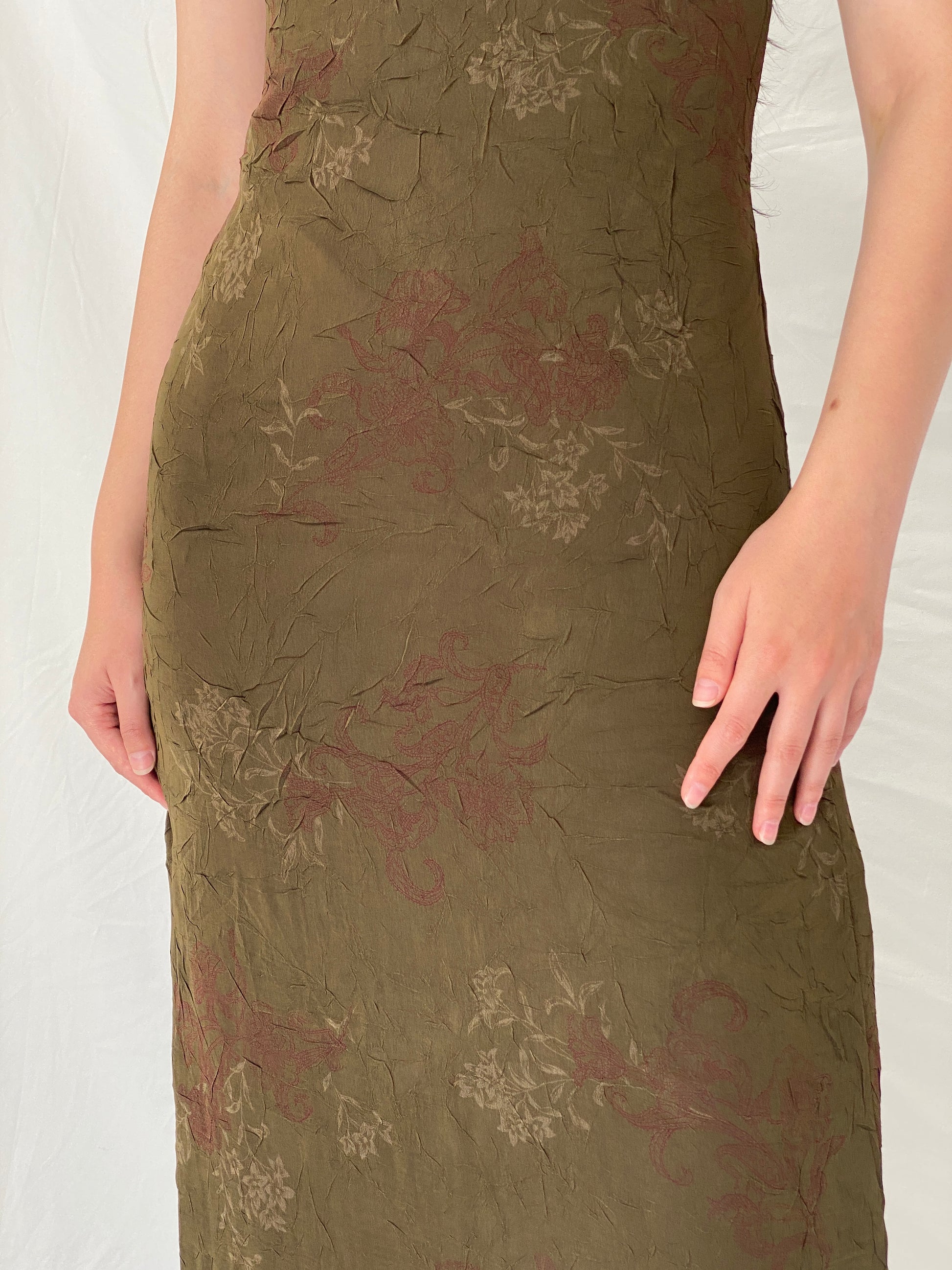 Vintage Y2K Jones Wear Olive Floral Crinkle Maxi Dress - S Vintage Y2K Jones Wear Olive Floral Crinkle Maxi Dress - S