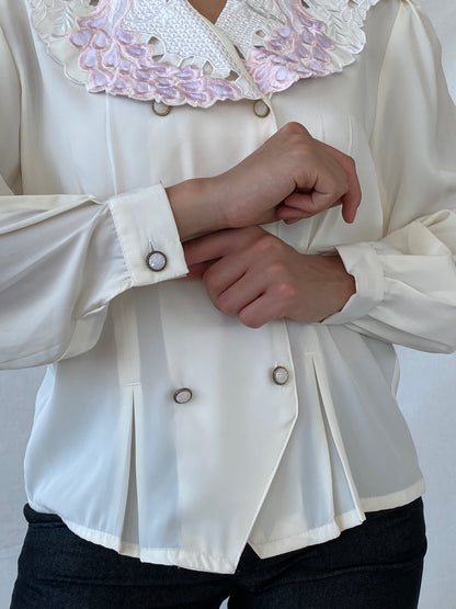 00s FIRAS Embroidered Oversized Collar Ivory Victorian Blouse - M