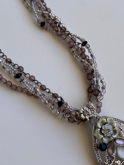 Vintage Y2K Silver-Tone Multi-Strand Beaded Floral Teardrop Pendant Necklace
