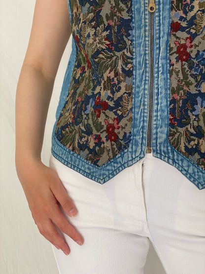 Vintage New Direction 90s Floral Tapestry Denim Vest Zip Up Waistcoat – L
