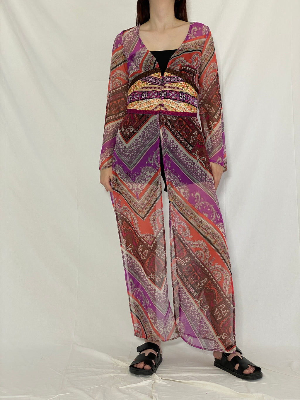 Vintage Mazzie Gold by Meghan Noland Boho Sheer Maxi Dress Top with Festival Print & Side Slits – M