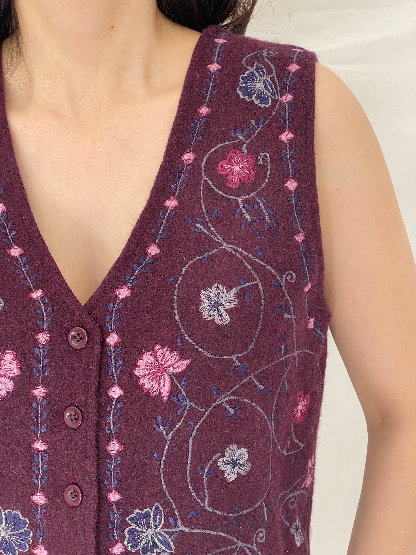 Vintage Y2K NorthCrest Embroidered Floral Wool Blend Vest Boho Cottagecore Button Front Vest – S