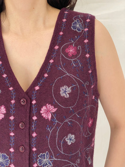 Vintage Y2K NorthCrest Embroidered Floral Wool Blend Vest Boho Cottagecore Button Front Vest – S
