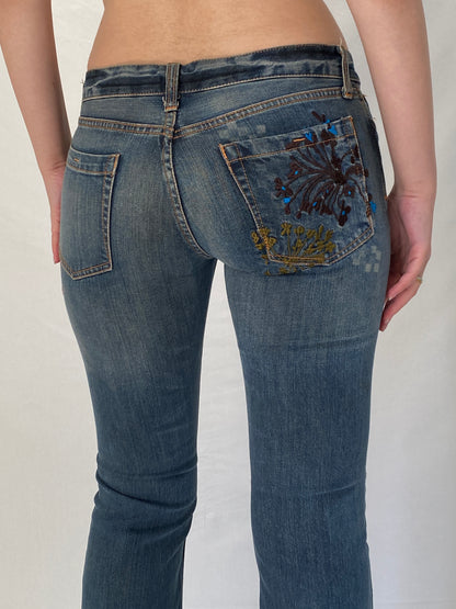 Vintage Y2K Vans Low Rise Flare Jeans Blue Embroidered Pocket Denim - 38EUR