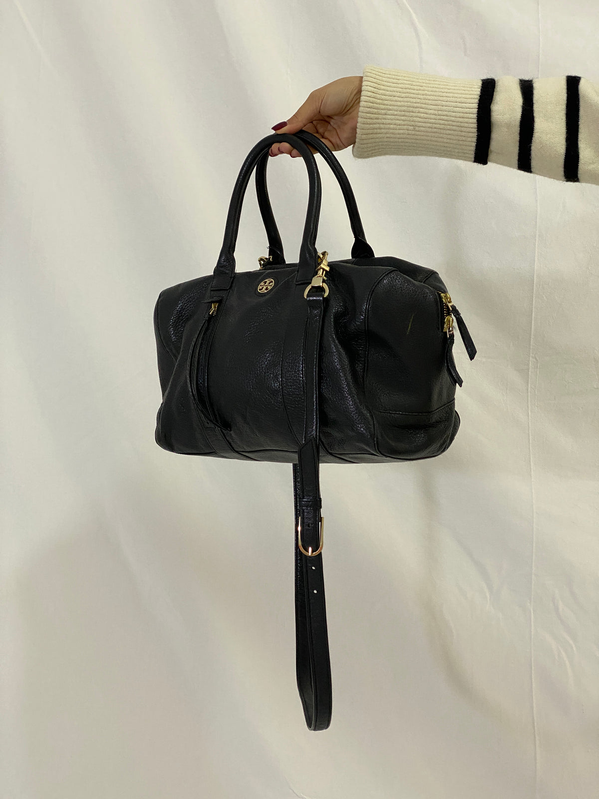 Tory Burch Marion Black Pebbled Leather Satchel Bowler Bag with Gold Hardware Tory Burch Marion Black Pebbled Leather Satchel Bowler Bag with Gold Hardware