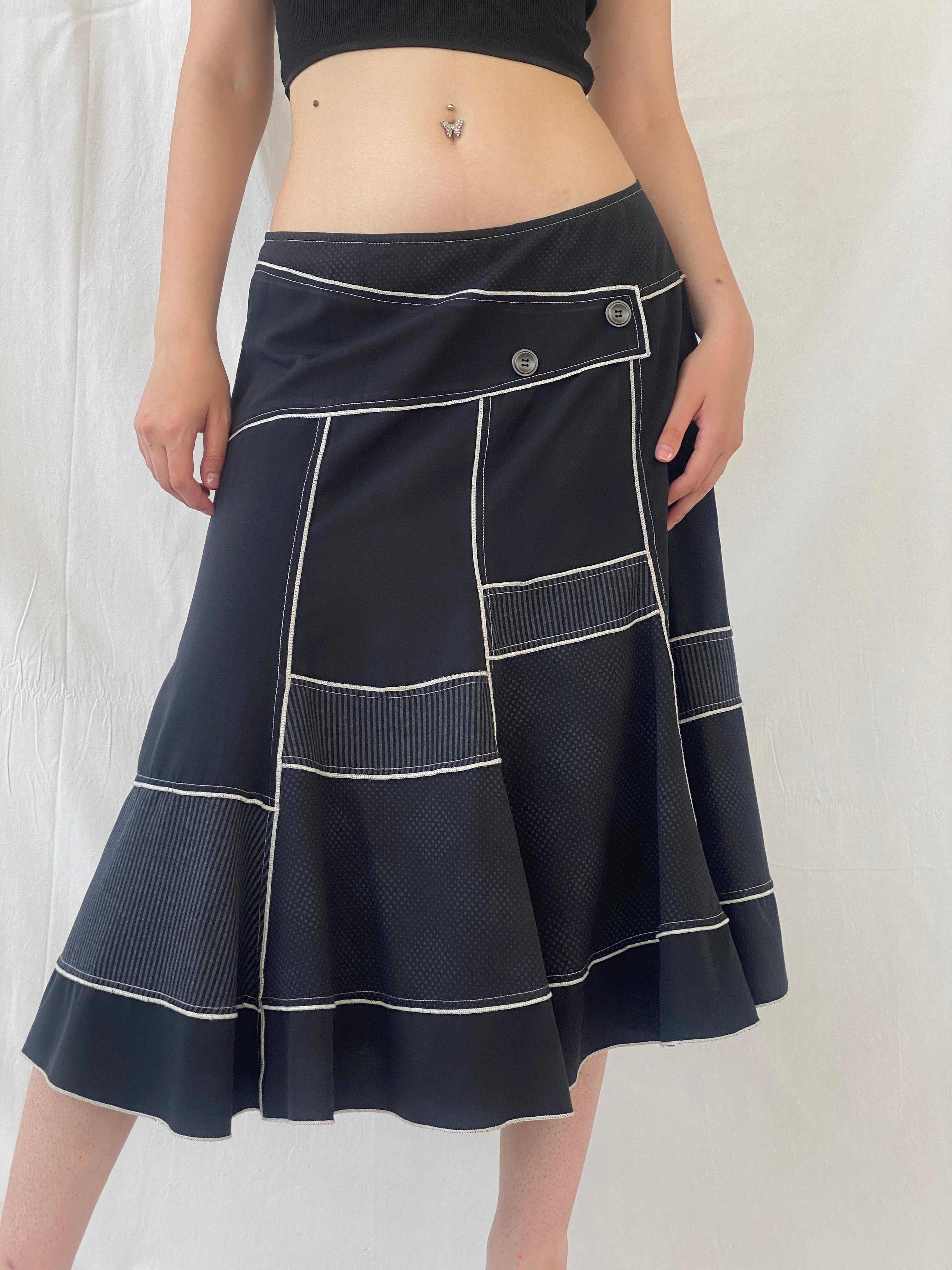 Vintage Fiorella Di Verdi Black Midi Whimsy Goth Patchwork Skirt - L