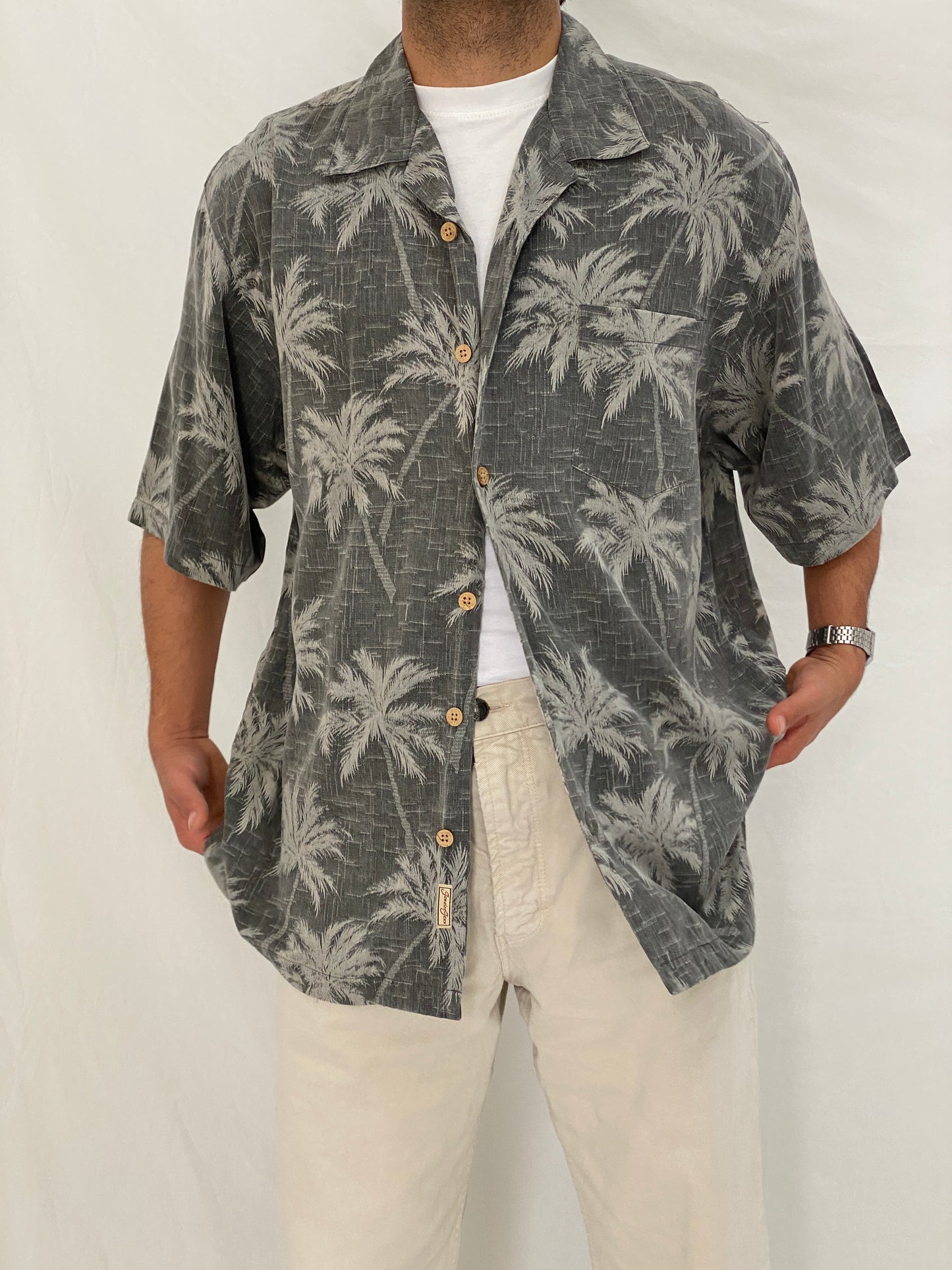 Vintage Jamaica Jaxx Grey Palm Tree Silk Men’s Vacation Shirt – L