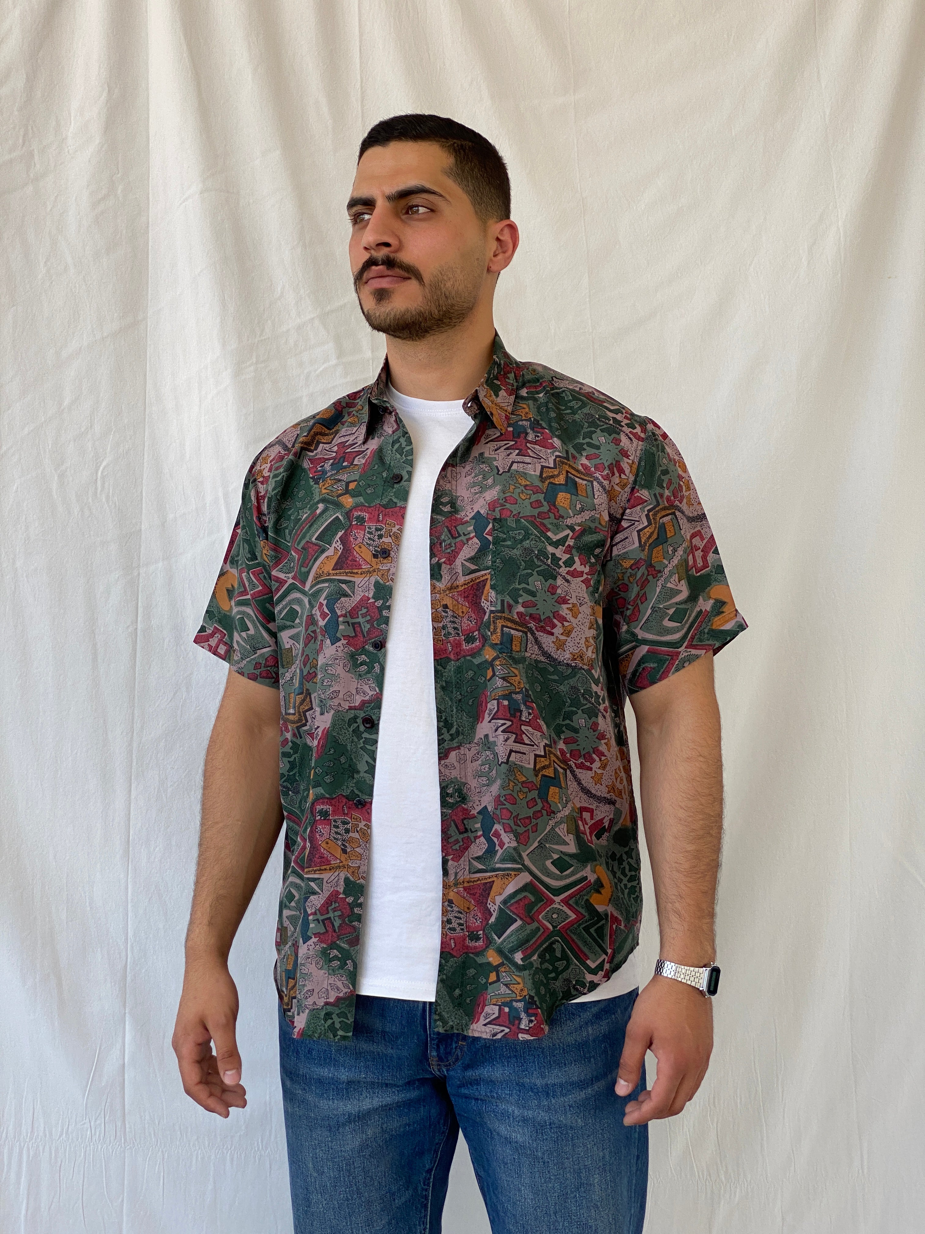 Vintage Shizhuang Abstract Men’s Short Sleeve Green Geometric Shirt - L