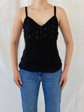 Vintage Black Embroidered Chiffon Camisole Beaded Cami Top - M