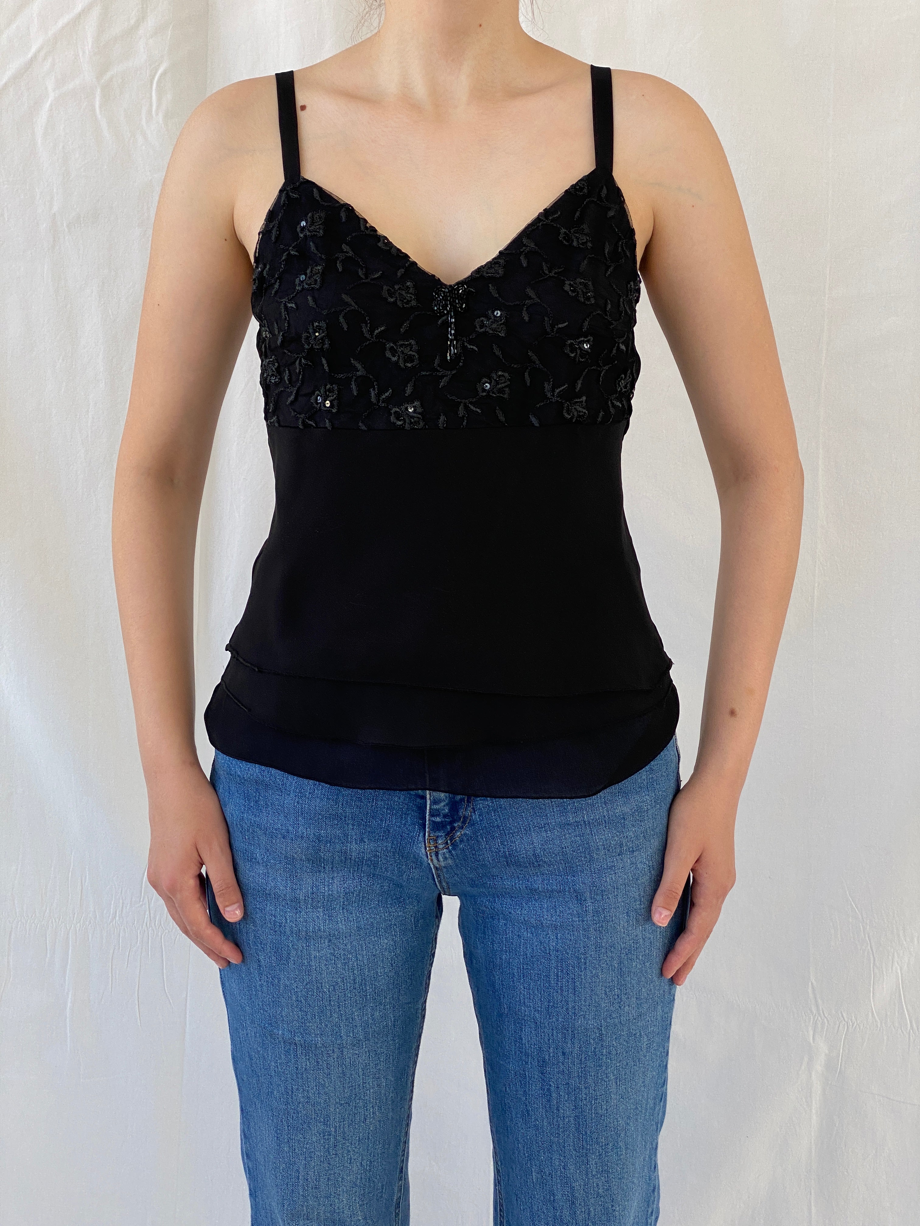 Vintage Black Embroidered Chiffon Camisole Beaded Cami Top - M