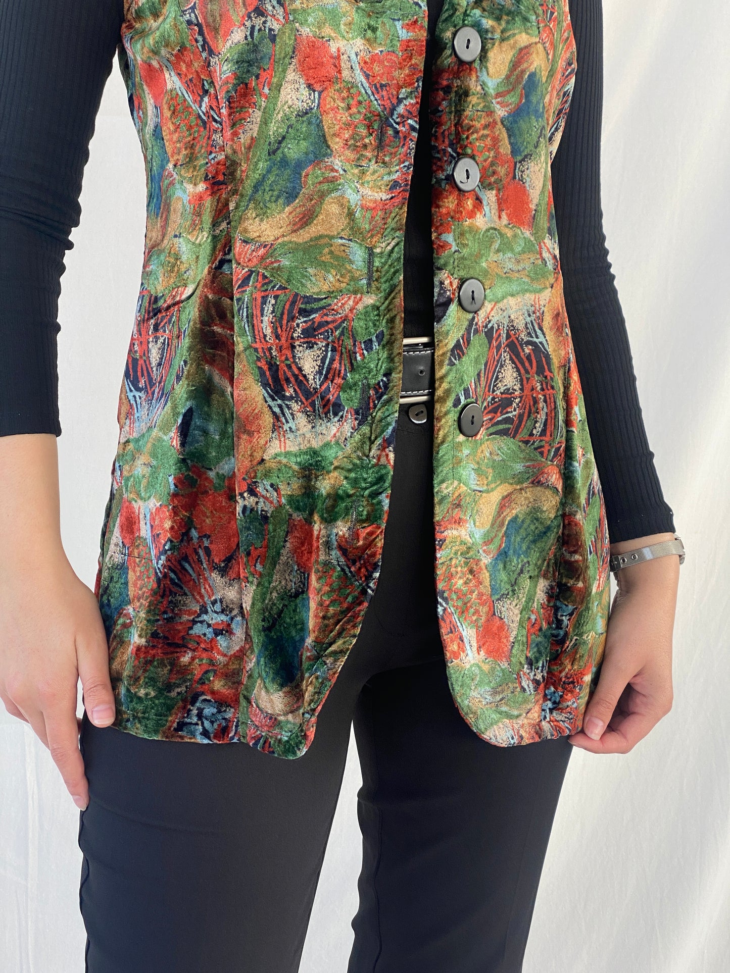 Vintage 90s Floral Orange & Green Velvet Buttoned Long Vest - XL