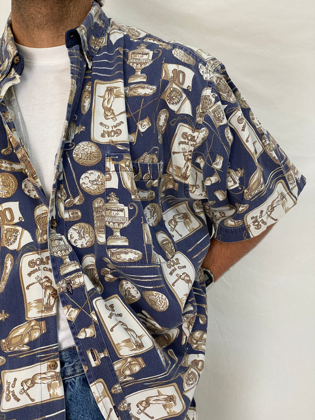 Vintage J.Riggings Golf Print Cotton Shirt Blue Beige Novelty Button Up – XL Vintage J.Riggings Golf Print Cotton Shirt Blue Beige Novelty Button Up – XL