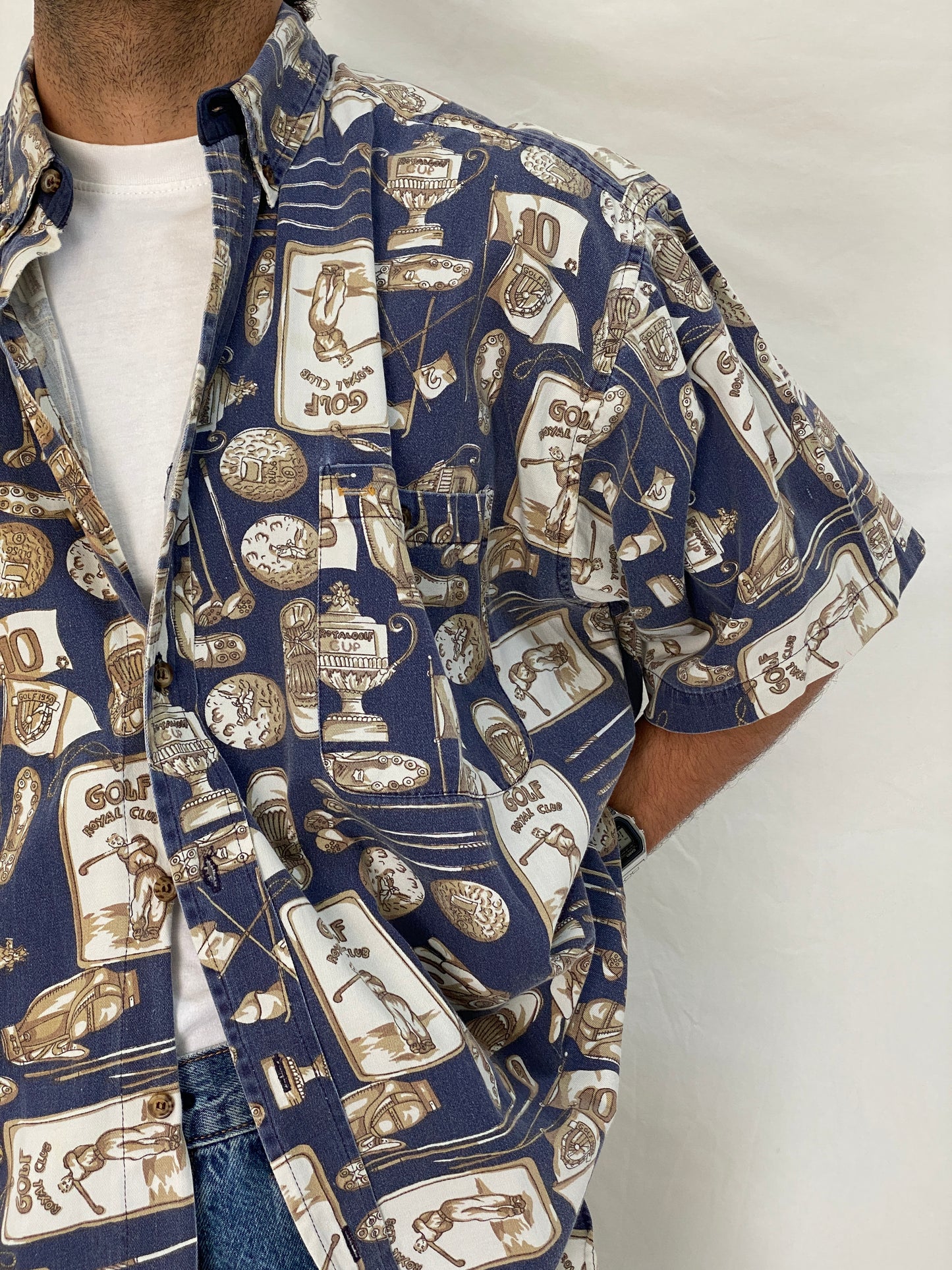 Vintage J.Riggings Golf Print Cotton Shirt Blue Beige Novelty Button Up – XL