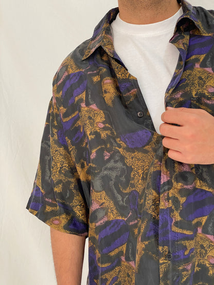 Vintage 90s Silks Stone Original Abstract Print Silk Black Purple Shirt – XL