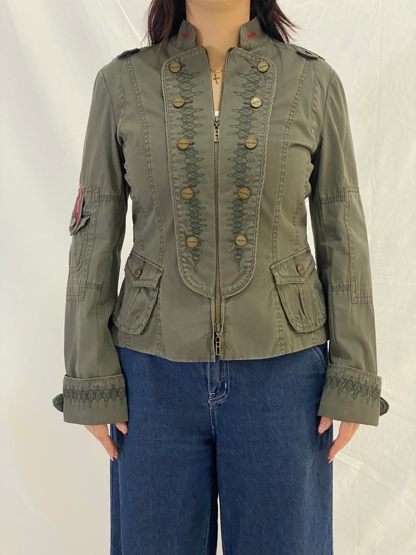 Karen Millen Olive Green Military-Style Embroidered Light Jacket - M