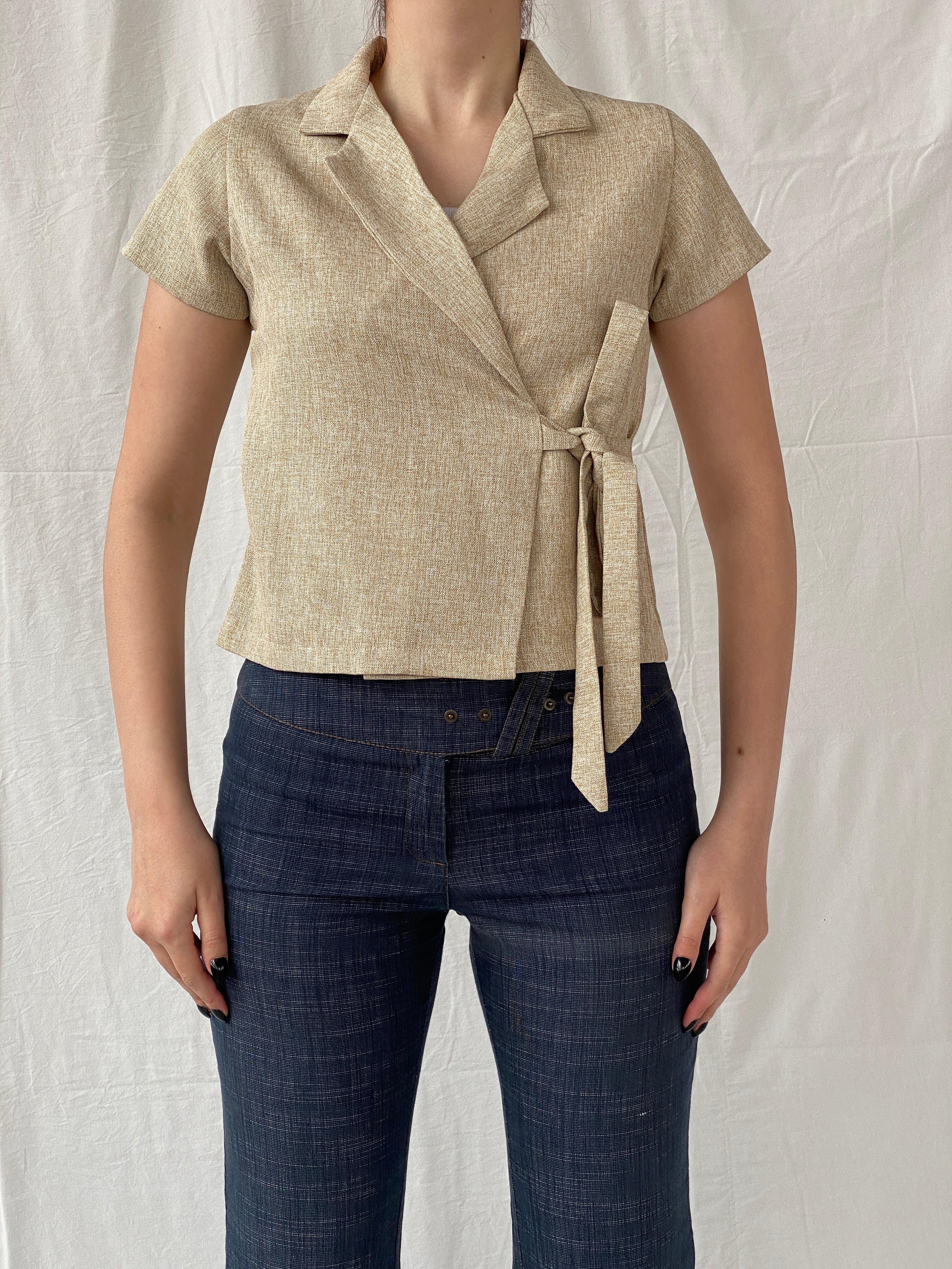Gorgeous Hana Milin Cotton Linen Blend Women’s Beige Short Sleeve Wrap Blazer - S