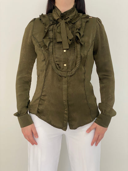 Goldie Estelle Olive Green Long Sleeve Shirt Ruffle Bow Blouse – M