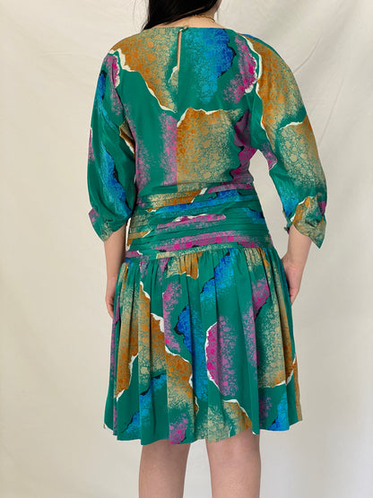 Vintage Silken Green Abstract Print Pleated Waist Midi Dress 80s 90s Statement Dress - M