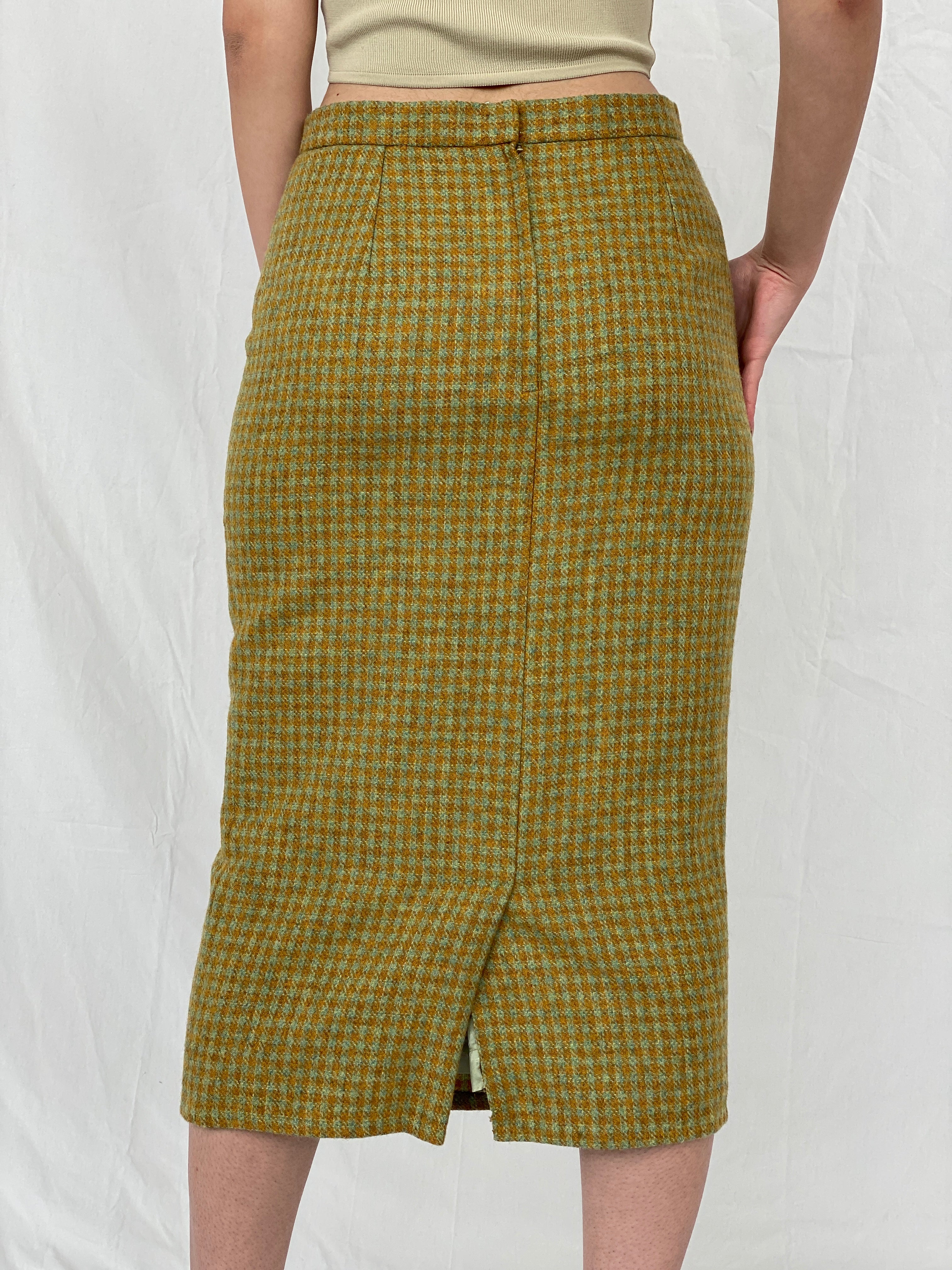 Vintage Handmade Checkered Yellow & Green Wool Blend Blazer Skirt Set - M