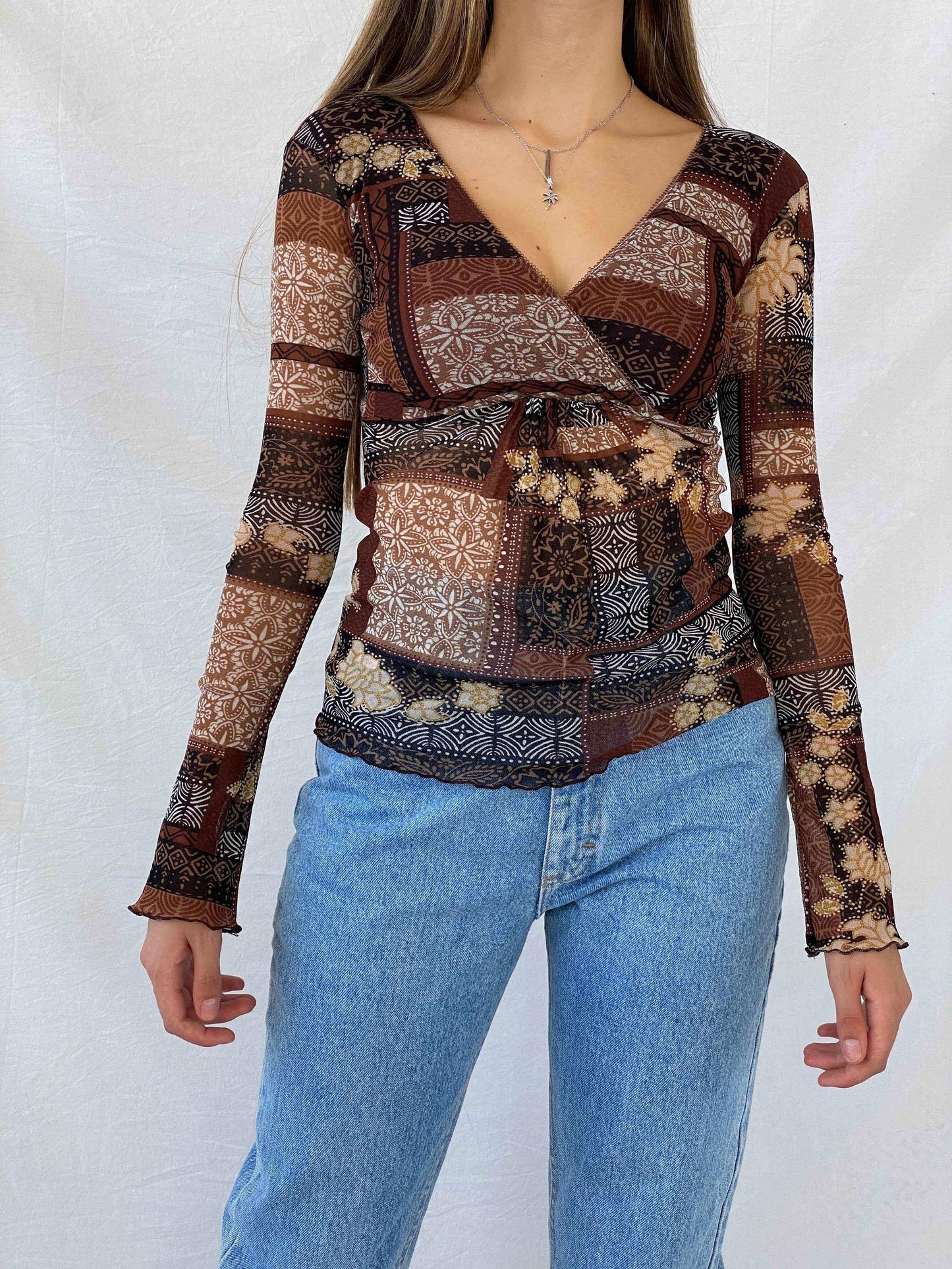 Vintage 90s Etam Full Sleeve Brown Mesh Top - Balagan Vintage Mesh Top consignment, full sleeve top, Isabella, mesh, mesh top, Mira, NEW IN