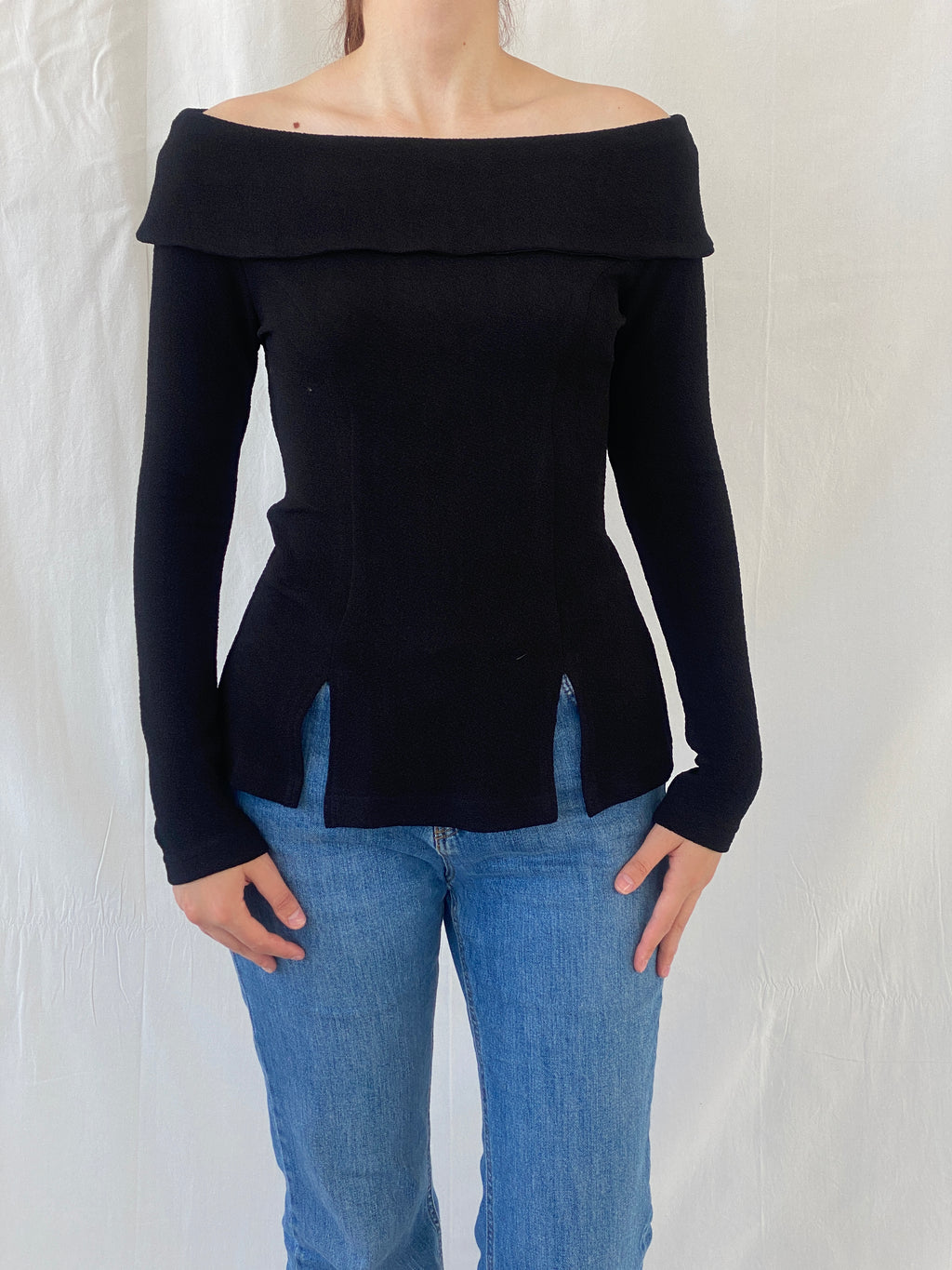 Vintage Nicole Studio Black Long Sleeve Off-Shoulder Top - M