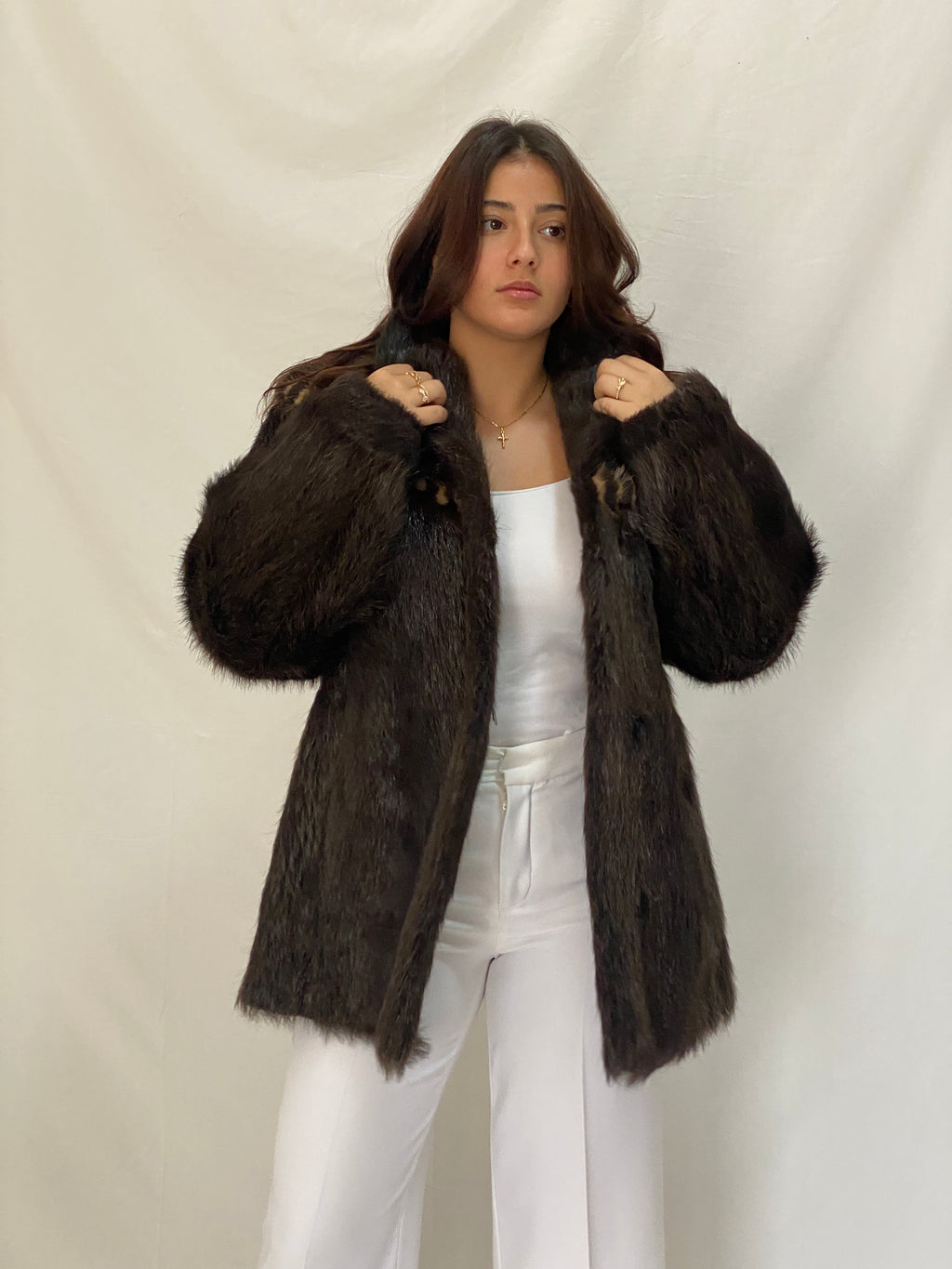 Vintage Real Raccoon Fur Coat Dark Brown Long-Hair Luxury Winter Jacket - L