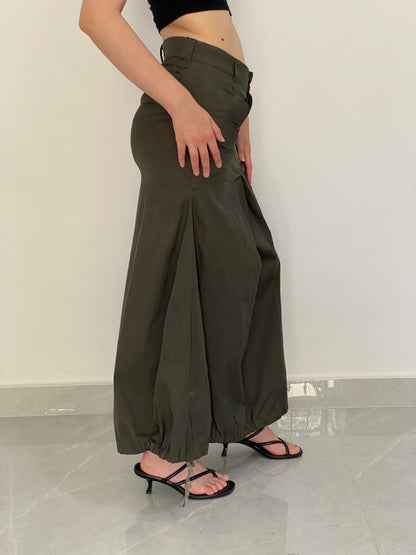 Vintage Y2K Olive Green Utility Cargo Maxi Skirt with Drawstring Hem - L