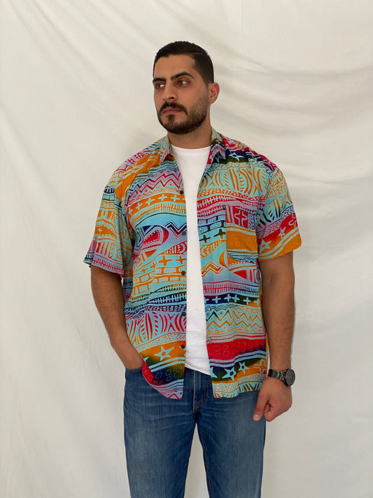 Vintage Y2K Stiweelds Multicolor Tribal Print Short Sleeve Shirt – XL