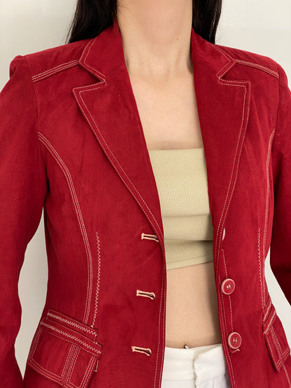 Vintage Baroness Woman Red Faux Suede Contrast Stitch Tailored Blazer – L