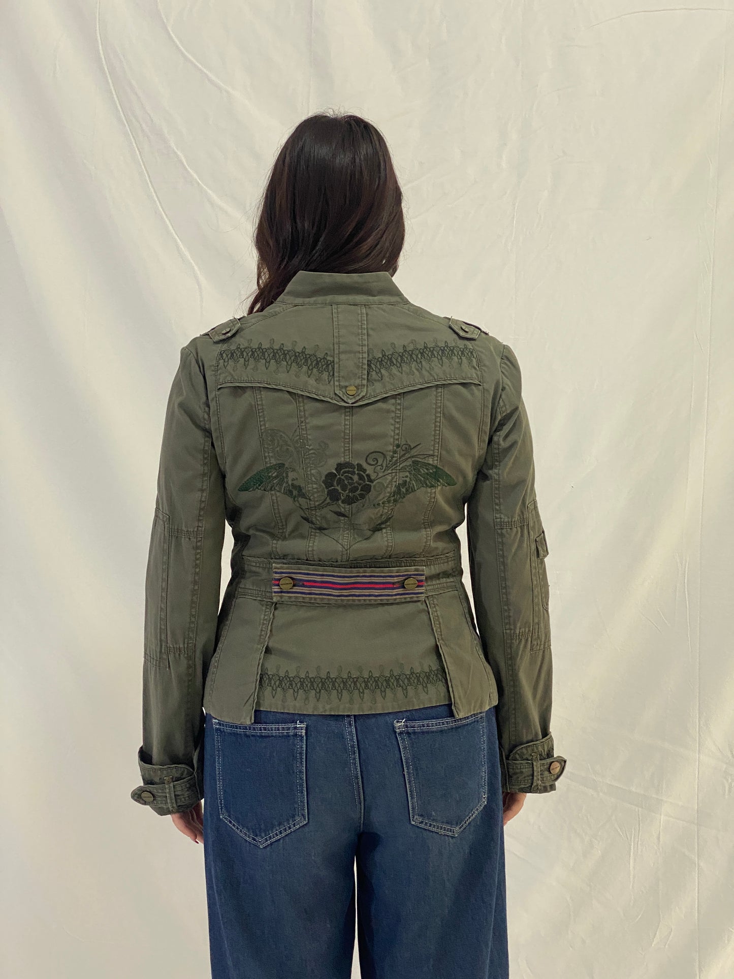 Karen Millen Olive Green Military-Style Embroidered Light Jacket - M
