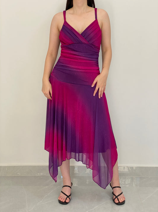 Vintage Y2K Three Pink Hearts Pink & Purple Ombré Glitter Mesh Handkerchief Midi Dress - L