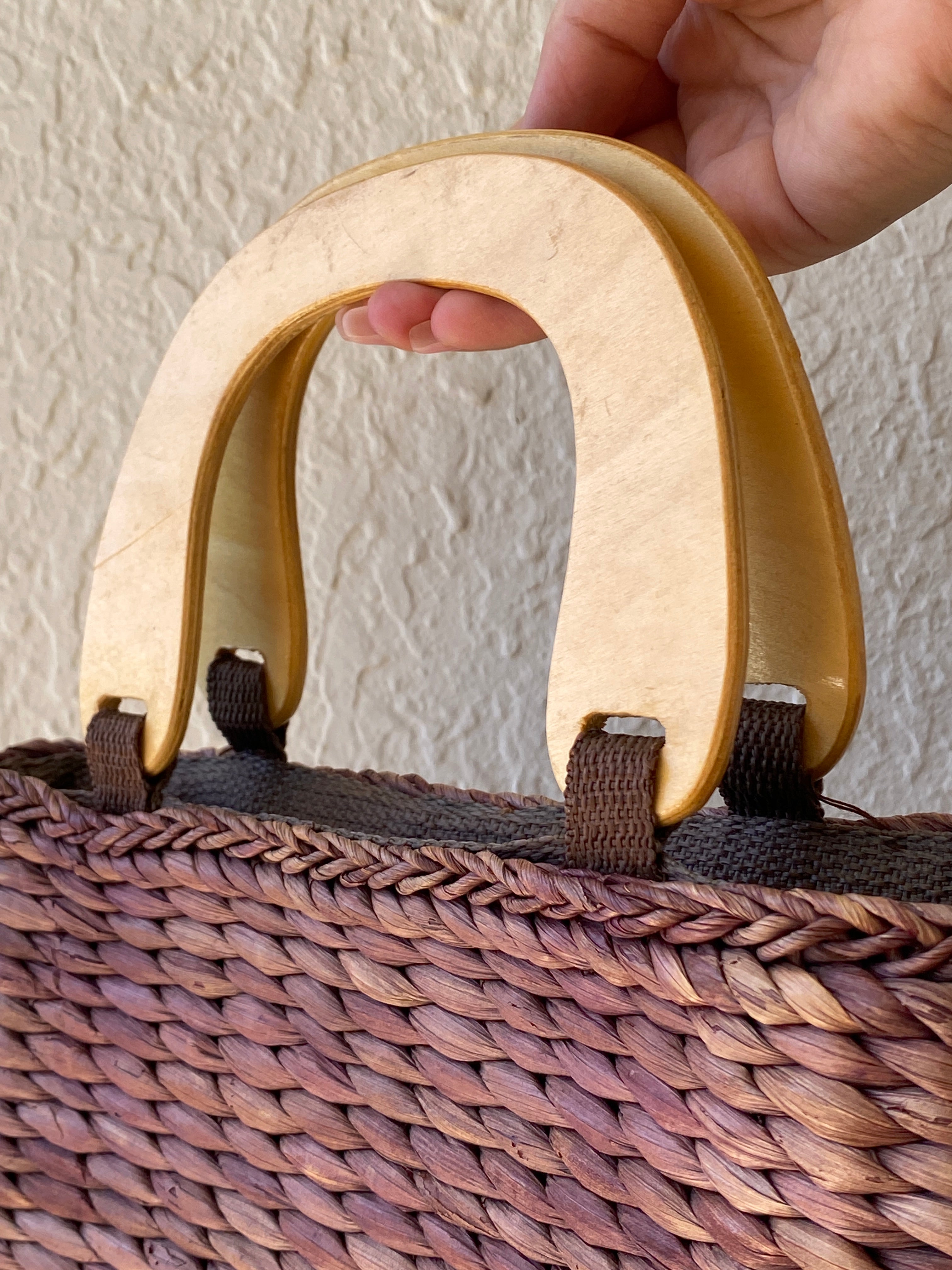 Vintage White Stag Beaded Boho Straw Purse Brown Wood Handle Y2K Brown turquoise Handbag