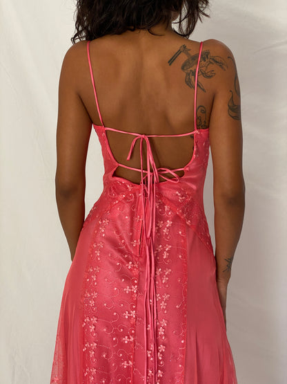 Vintage Y2K Eureka USA Hot Pink Embroidered Glitter Mesh High-Low Dress - XS