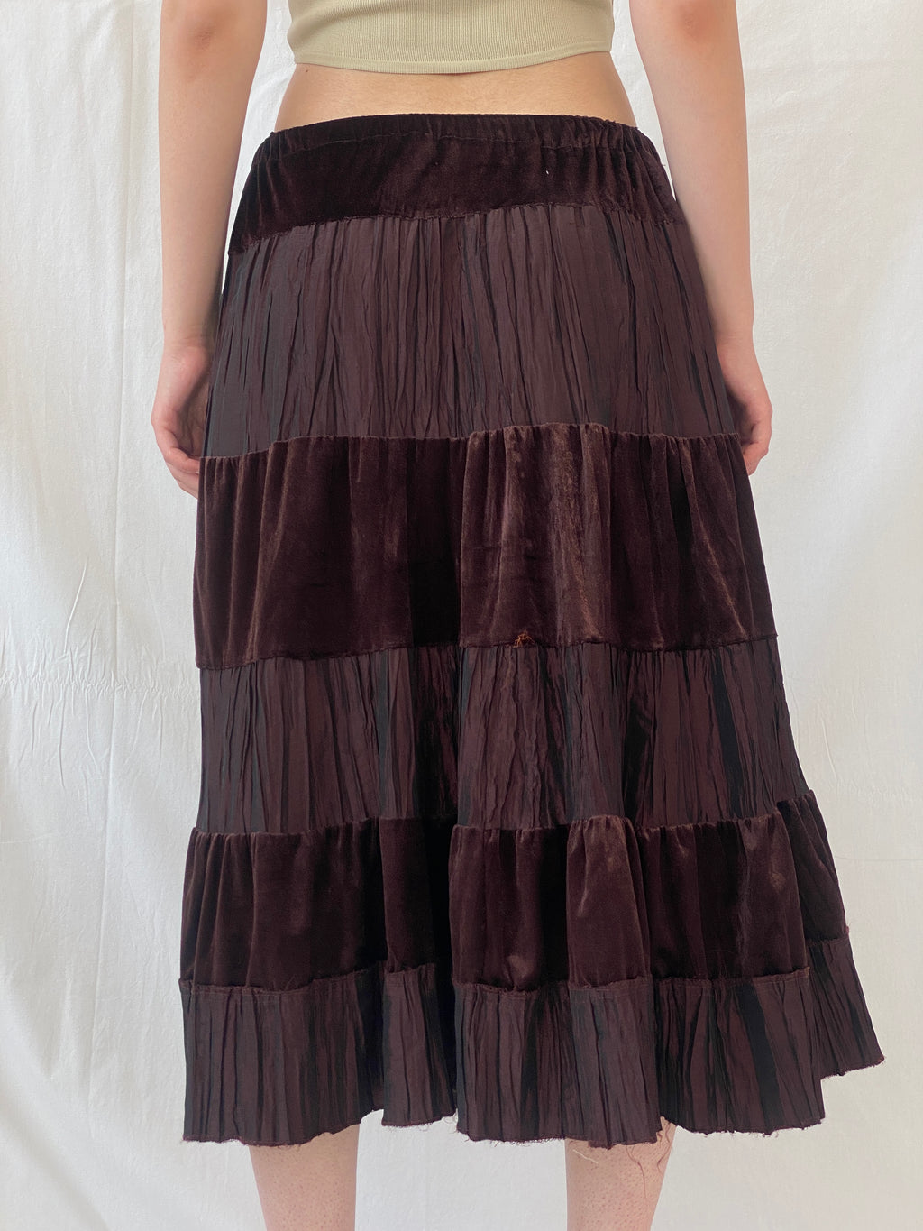 Y2K Gipsy Layered Brown Midi Velvet Cotton Elastic Waist Skirt - L