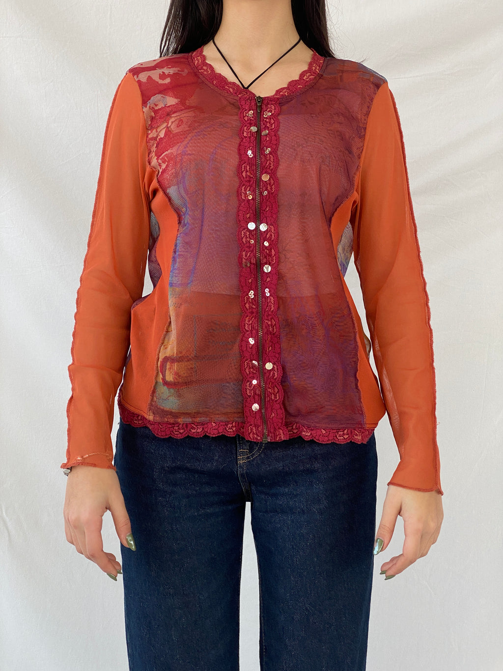 كارديجان جاكلين ريو Y2K برسومات شبكية وسحّاب وحواف دانتيل وترتر باللونين الأحمر والبرتقالي - مقاس M