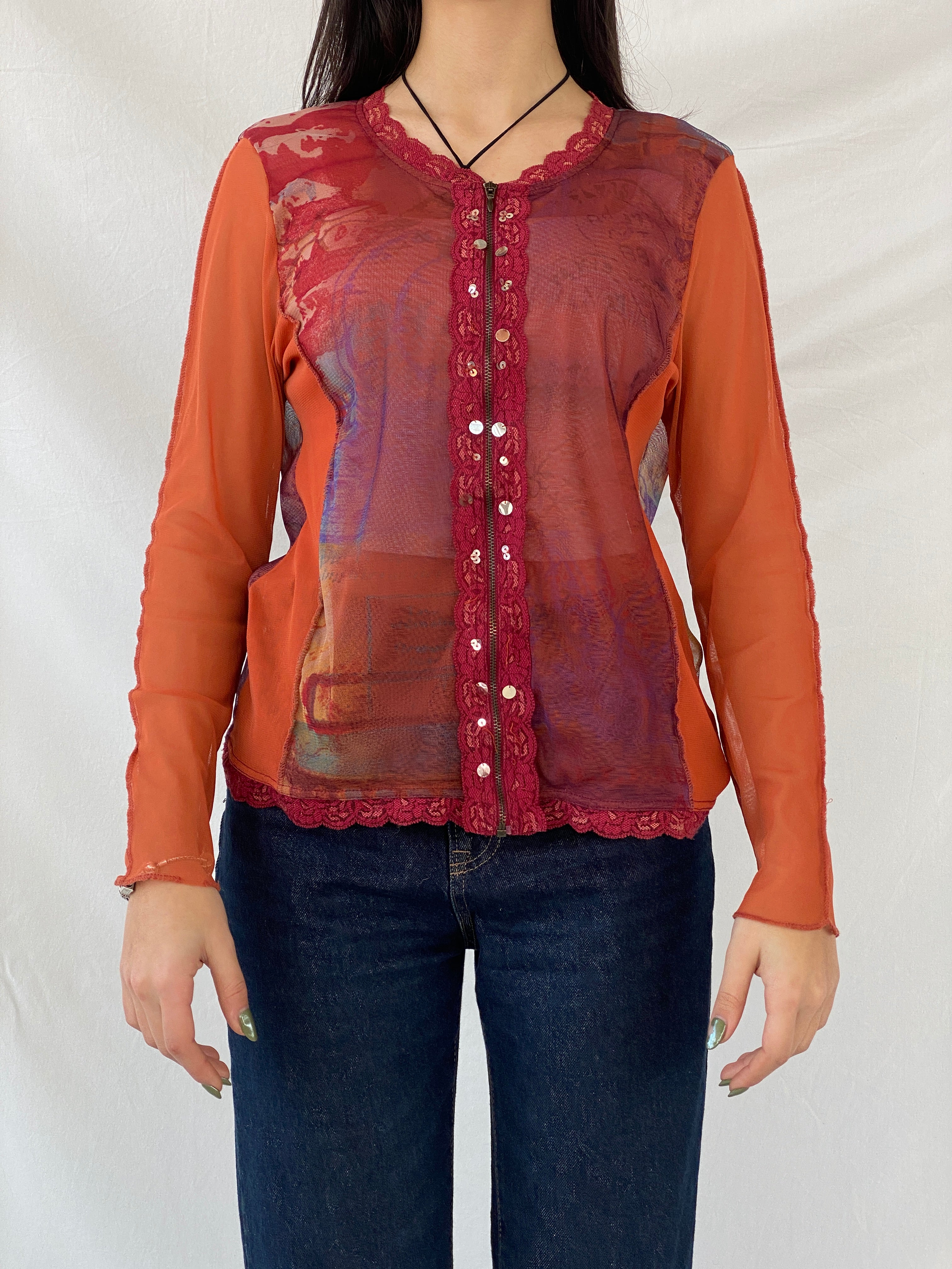 كارديجان جاكلين ريو Y2K برسومات شبكية وسحّاب وحواف دانتيل وترتر باللونين الأحمر والبرتقالي - مقاس M