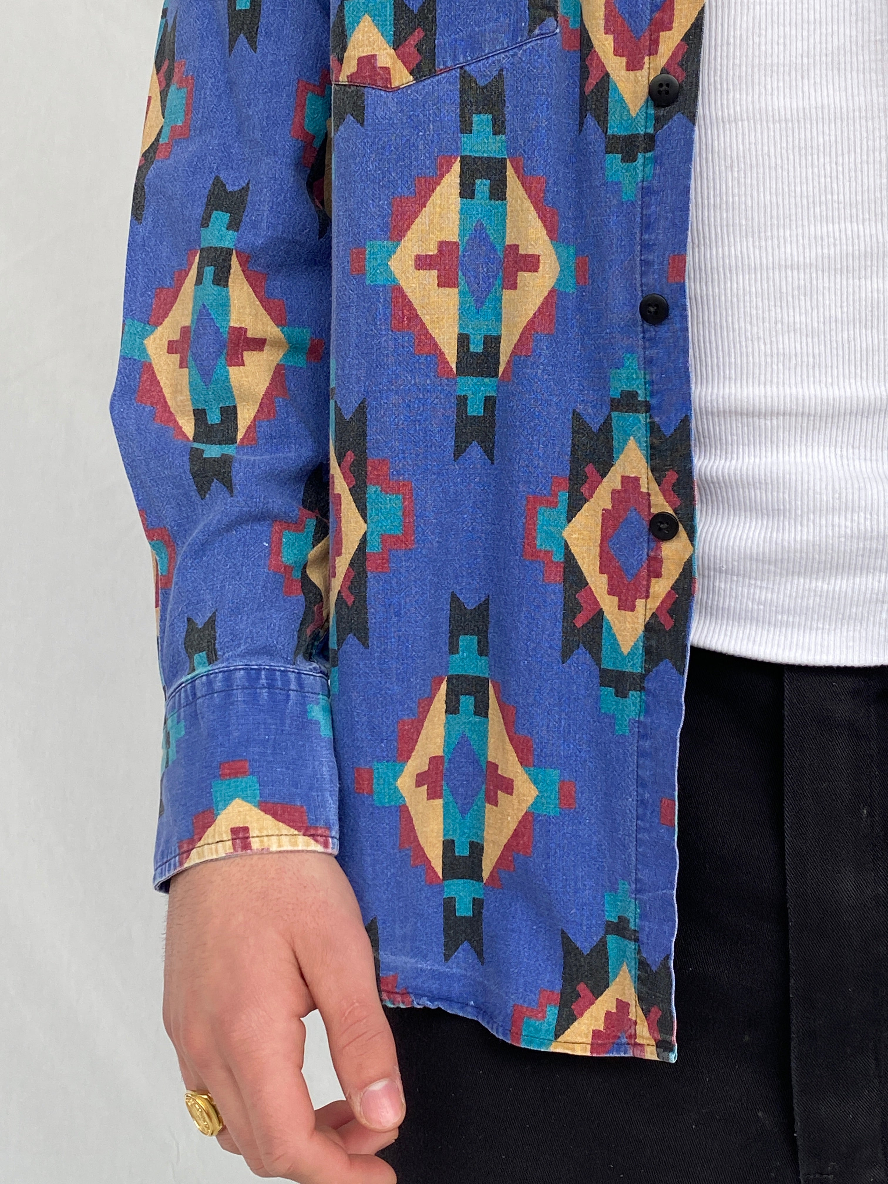 Vintage 90s Club Dance Men’s Western Print Long Sleeve Button Up Cotton Shirt - M