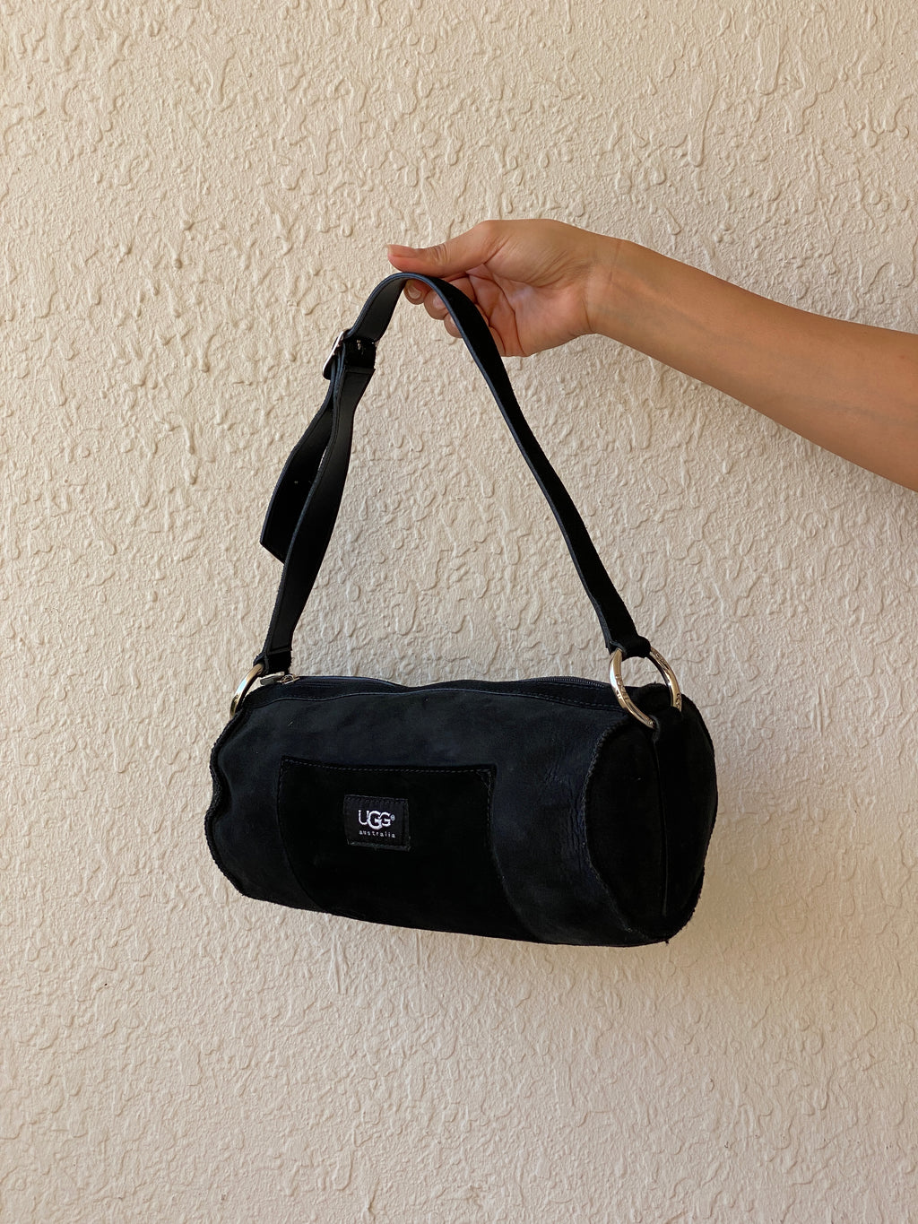 UGG Australia Black Suede Barrel Shoulder Bag Shearling Fur Lined Purse