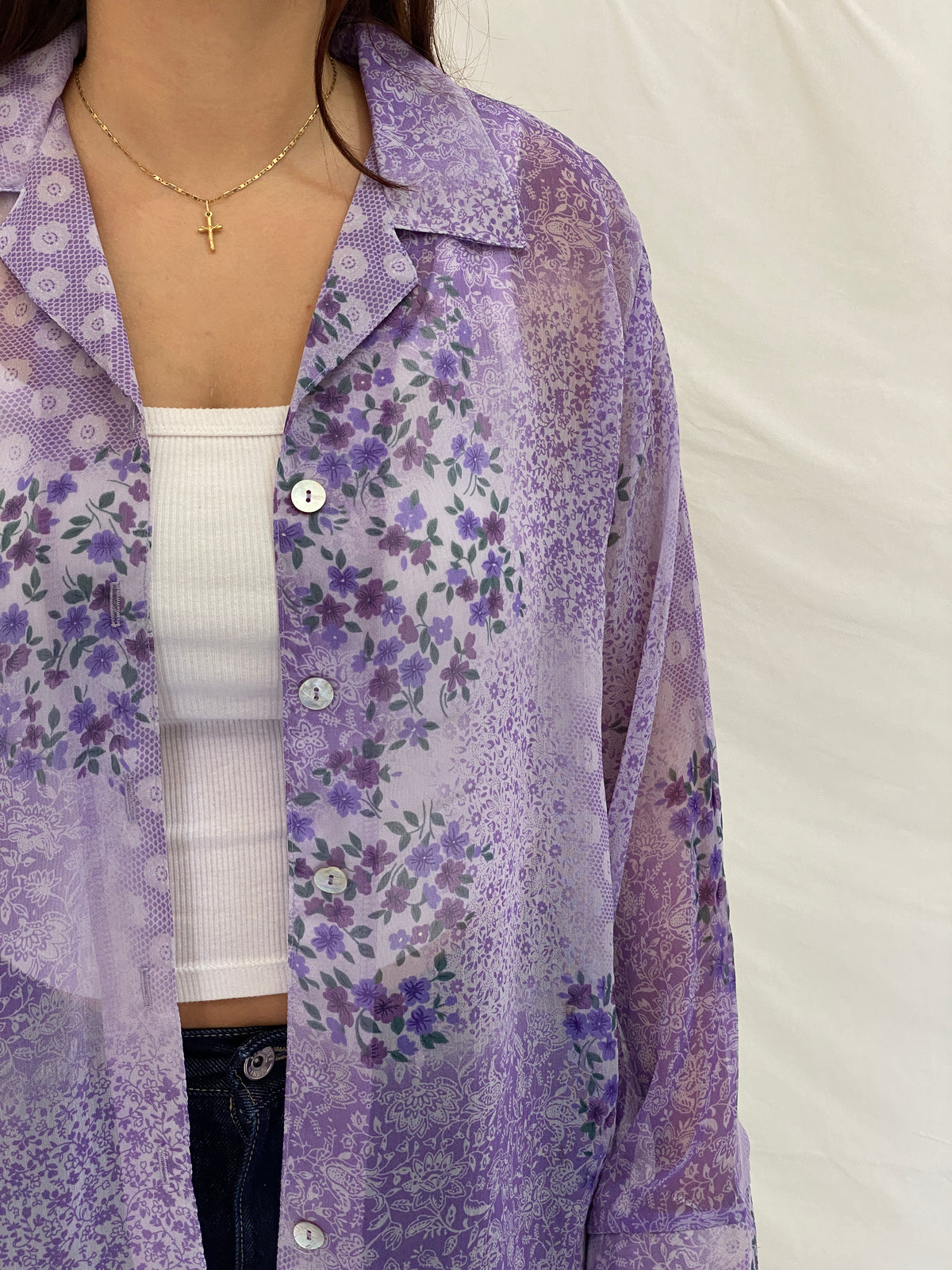 Vintage 90s Lighthouse Point Purple Sheer Floral Button-Up Blouse - L Vintage 90s Lighthouse Point Purple Sheer Floral Button-Up Blouse - L
