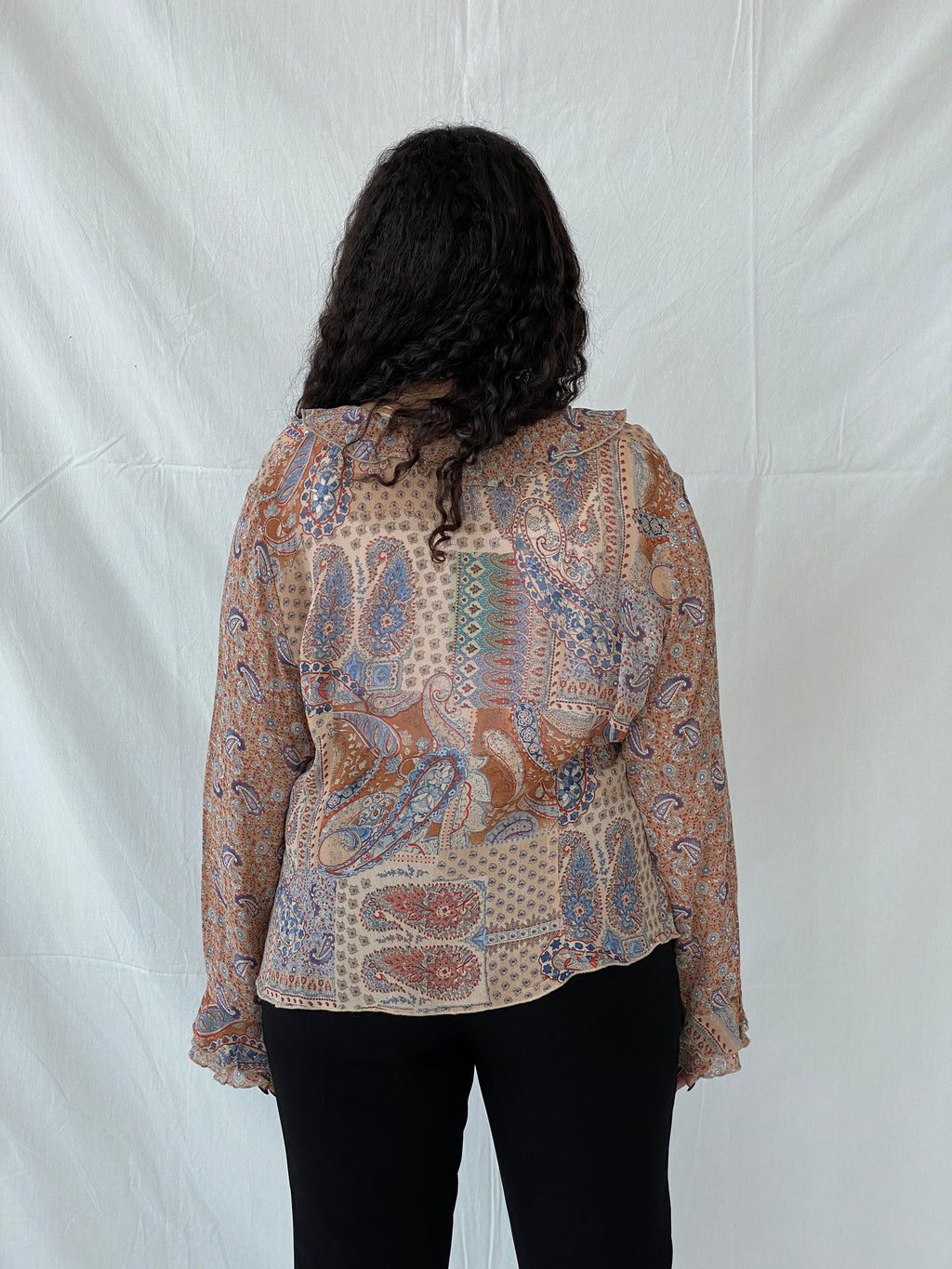 Vintage 90s CANDA C&A Paisley Print Ruffled Front Tie Cardigan - XL