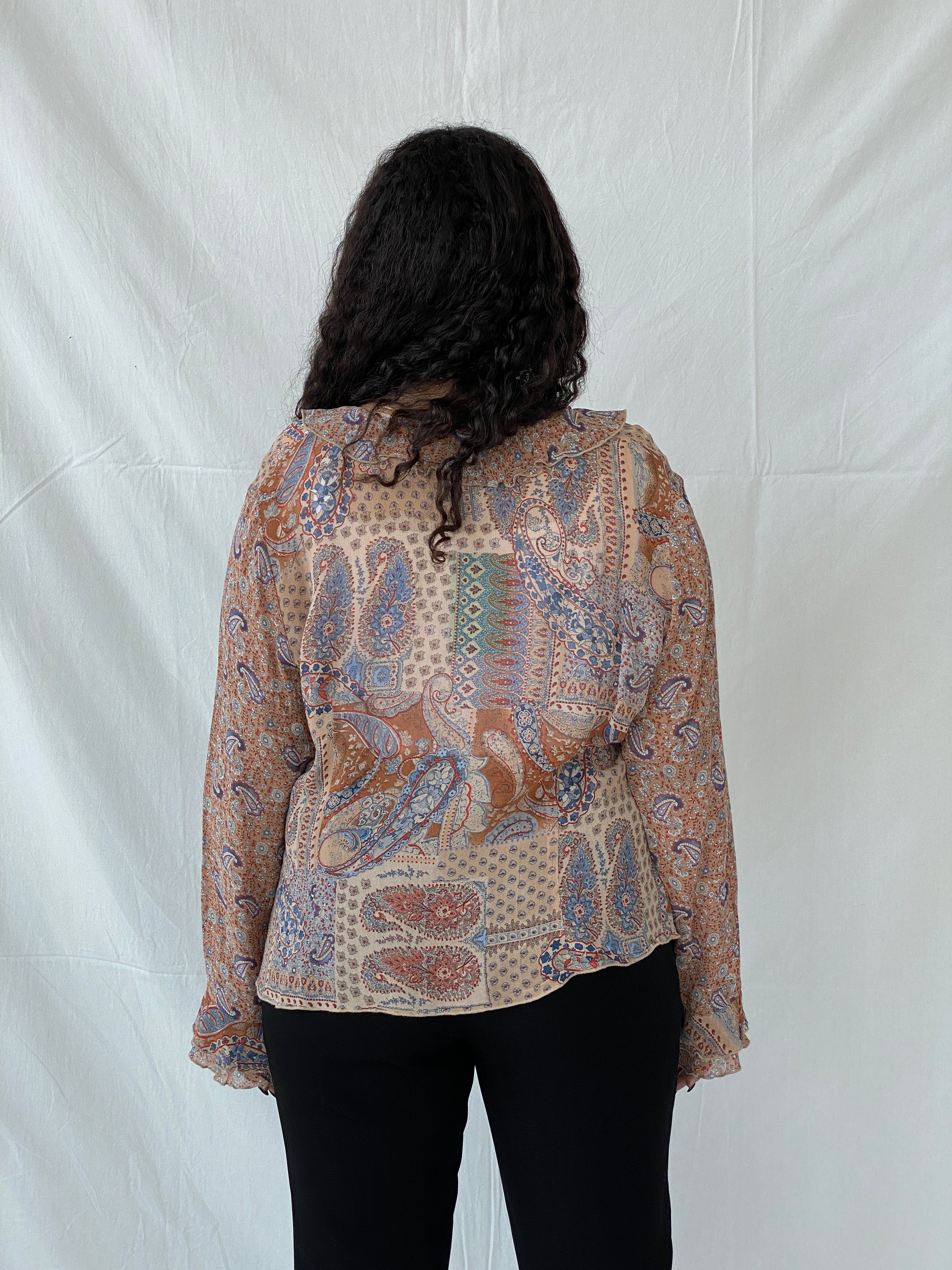 Vintage 90s CANDA C&A Paisley Print Ruffled Front Tie Cardigan - XL