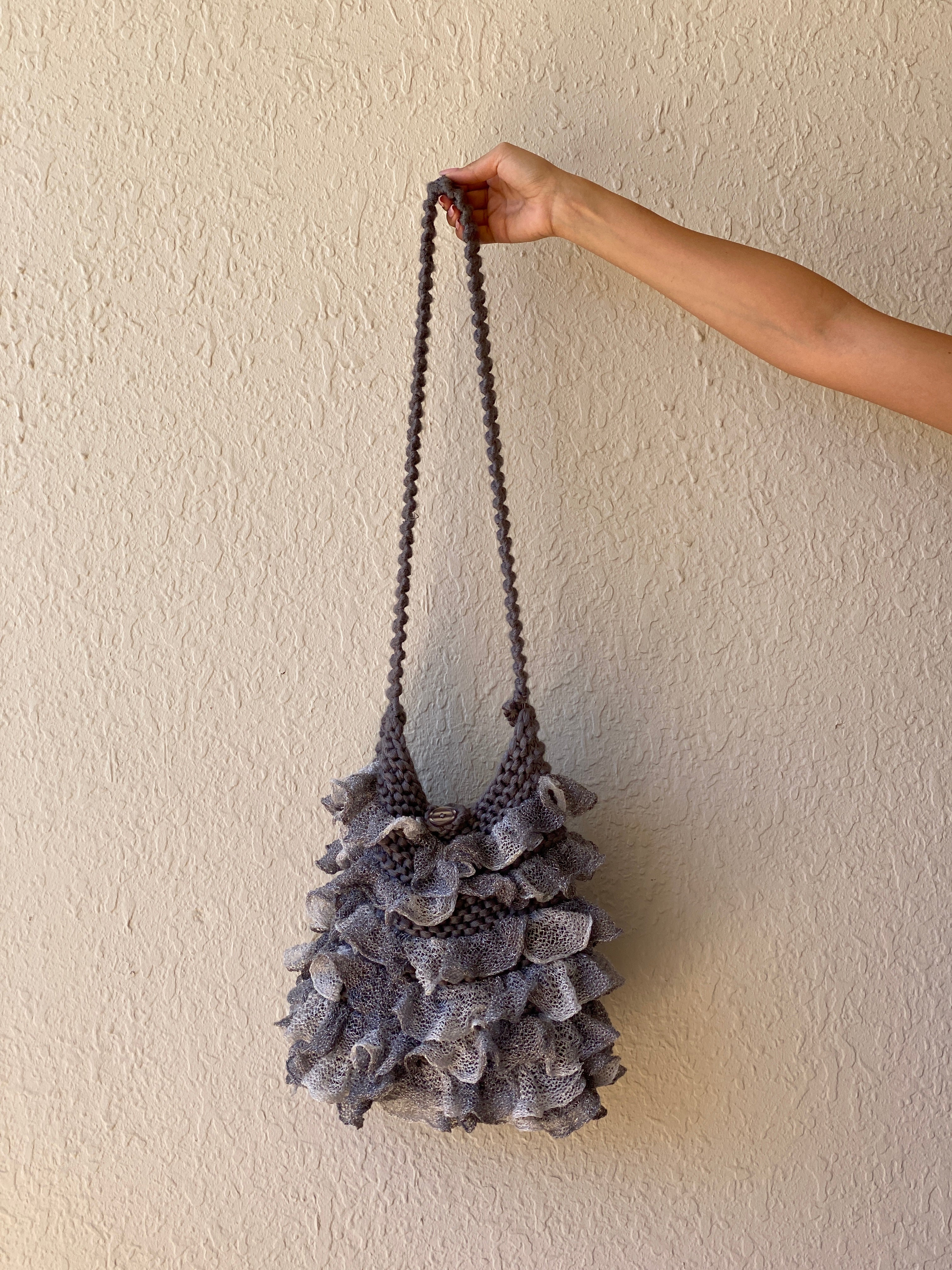 Y2K Ruffled Crochet Shoulder Bag Knitted Gray Whimsy Crossbody Bag