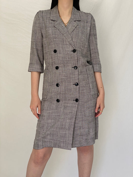 Vintage Leslie Fay Plaid Blazer Dress Tailored Double-Breasted Structured Office Dress - S