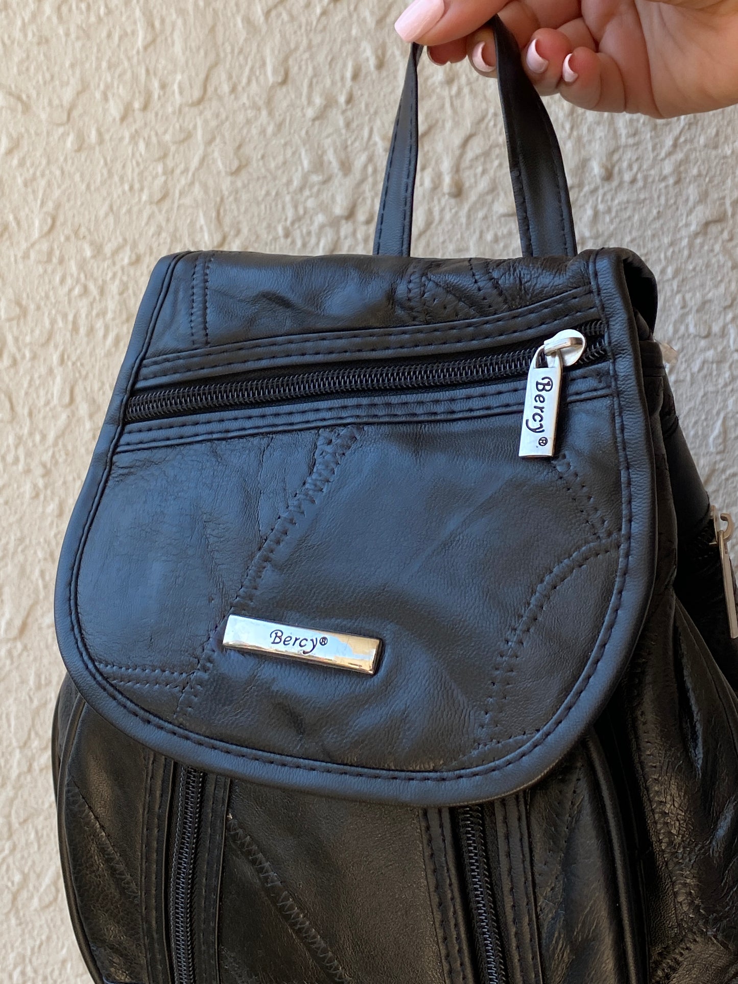 Vintage 90s Bercy Black Genuine Leather Patchwork Multi-Pocket Backpack